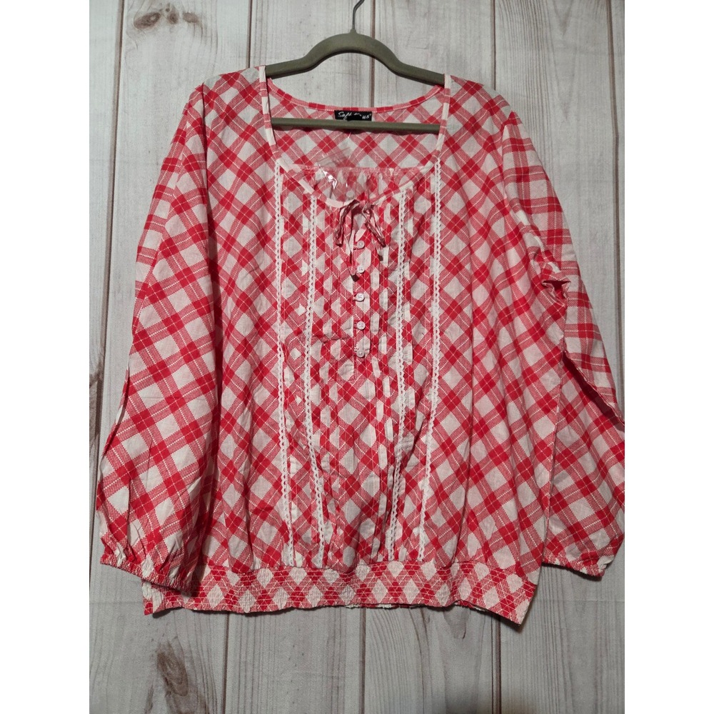 Soft Focus Red White Plaid Cotton Peasant Blouse Lace Trim Smocked Hem 18W